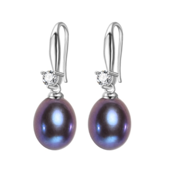 Sterling Silver Black Freshwater Pearl Dainty Cubic Zirconia Drop Earrin… - Picture 1 of 1